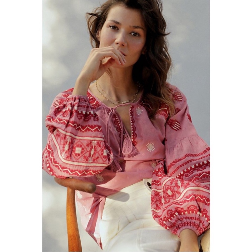 Anthropologie Pink Embroidered Peasant Blouse Top 8 Boho Cottagecore